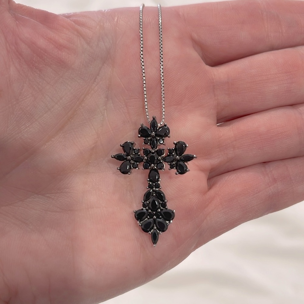 BBJ Sterling Silver and Black Stones Cross Necklace